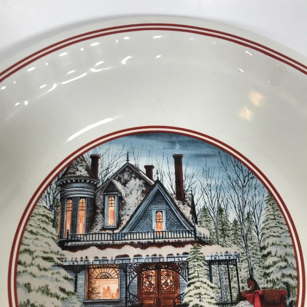 Watkins 1999 Cranilla Pecan Pie Plate Ceramic Winter Victorian House Sleigh 5901